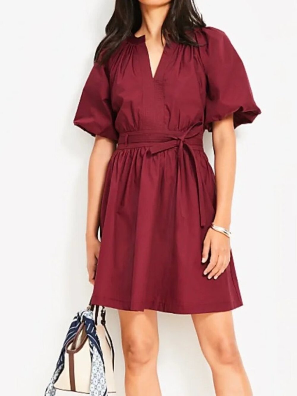 LOFT Poplin Balloon Sleeve Burgundy Mini Dress